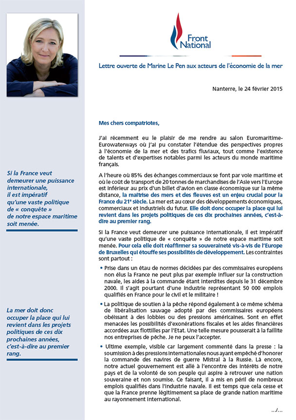 Lettre ouverte de Marine Le Pen aux acteurs de l’économie de la mer