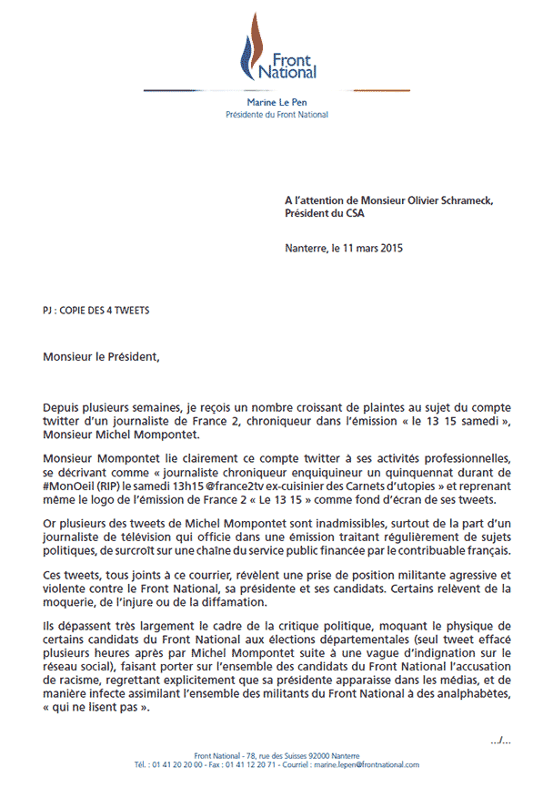 Télécharger la lettre de Marine Le Pen à l’attention de Monsieur Olivier Schrameck, Président du CSA