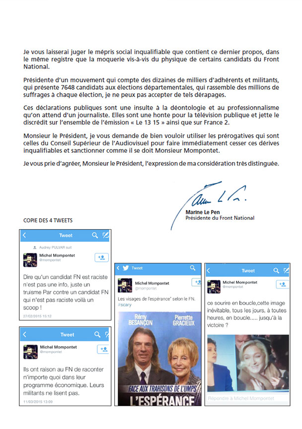 Télécharger la lettre de Marine Le Pen à l’attention de Monsieur Olivier Schrameck, Président du CSA