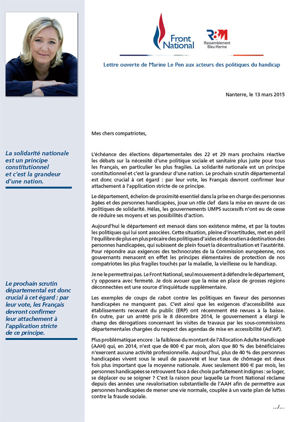 Lettre ouverte de Marine Le Pen aux acteurs des politiques du handicap