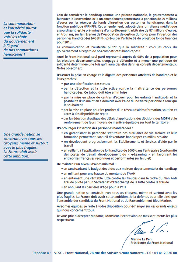 Lettre ouverte de Marine Le Pen aux acteurs des politiques du handicap