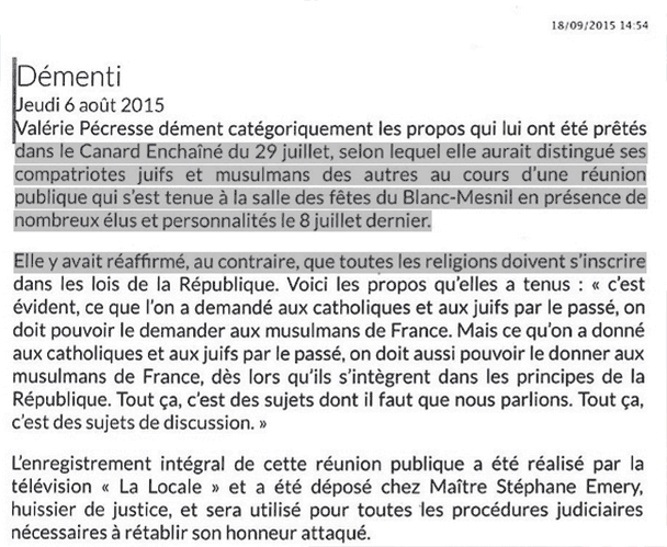 Démenti de Valérie Pécresse