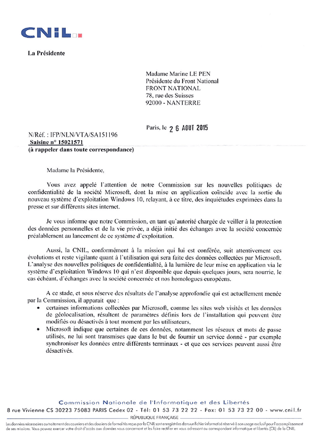 Réponse de la Présidente de la CNIL suite à la lettre ouverte de Marine Le Pen