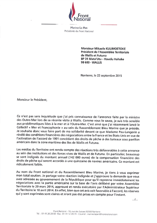 Marine Le Pen s'adresse au Président de l'Assemblée territoriale de Wallis et Futuna
