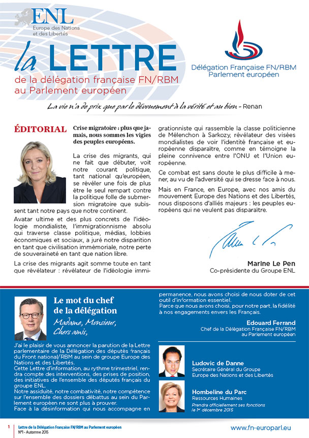 Parution de la première lettre d'information de  la délégation FN/RBM au Parlement européen