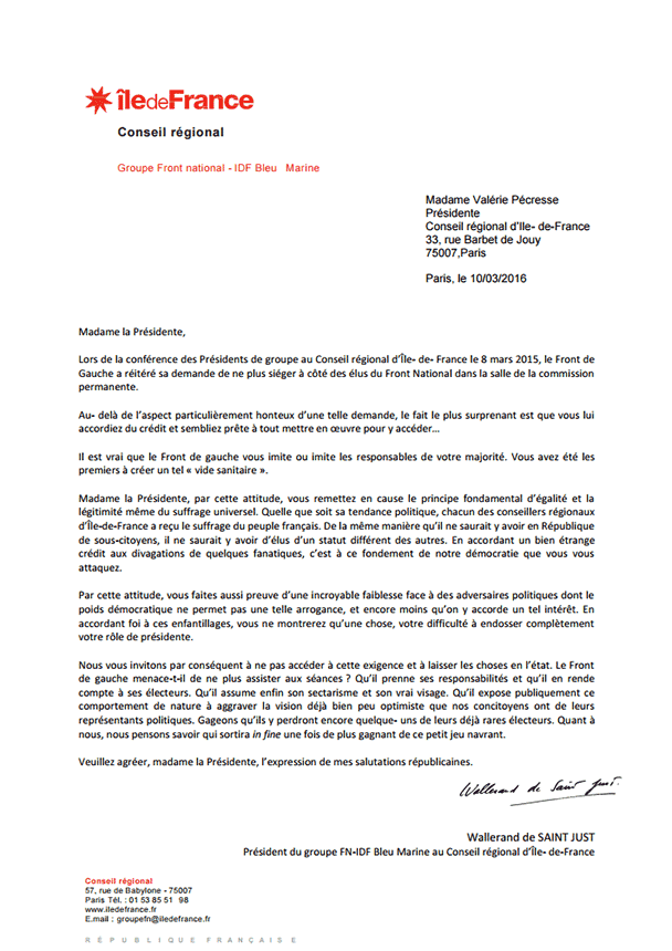 Communiqué de Wallerand de Saint Just, Président du groupe FN au Conseil régional d'Île-de-France