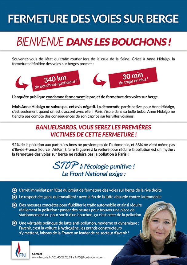 Le FN parisien s'engage contre la fermeture des voies sur berge