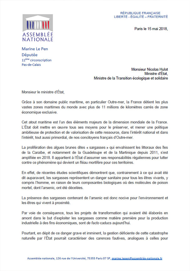 Lettre ouverte de Marine Le Pen à Nicolas Hulot, Ministre d'État, Ministre de la Transition écologique et solidaire 