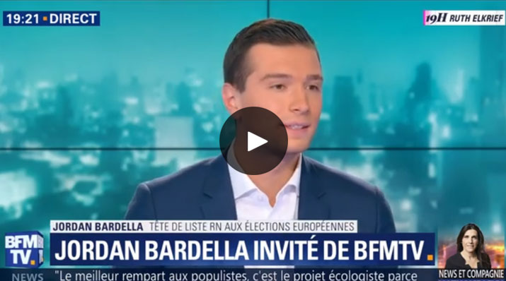 Jordan Bardella, tête de liste RN aux élections européennes, était l'invité de Ruth Elkrief pour un "Spécial Européennes" sur BFM TV.